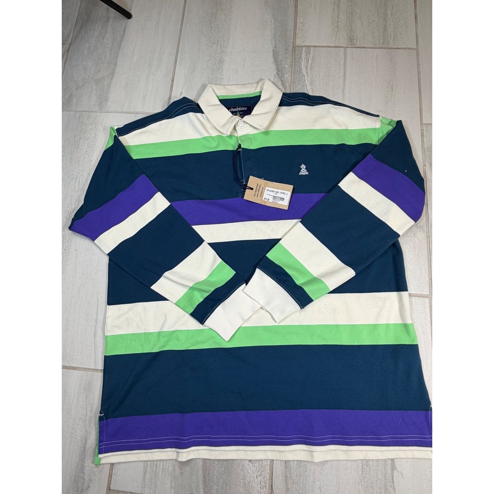 Chubbies The Blocked Rugby Striped LS Shirt Navy Green Purple Large NWT 542253